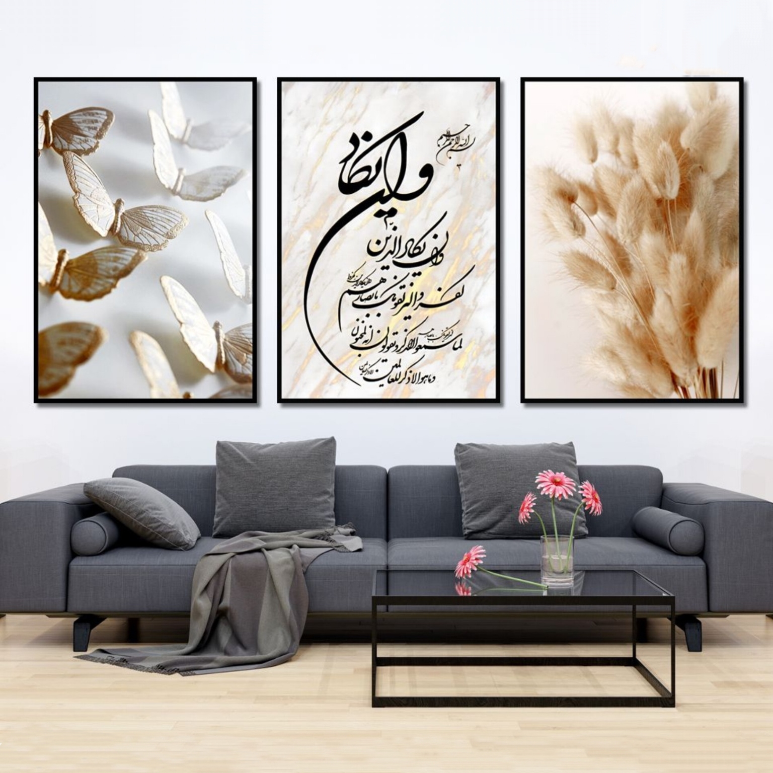 تابلو دکوراتیو ۳تیکه مدرن طرح وان یکاد و پروانه کد ۰۰۵۹
